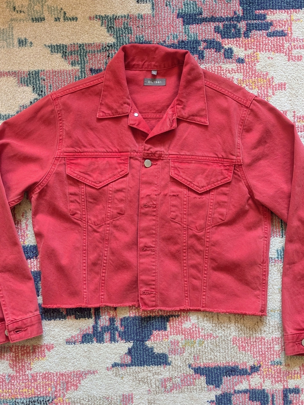 DL1961 Clyde Classic Cropped Denim Jean Jacket in Chrysanthemum Red, Size Medium